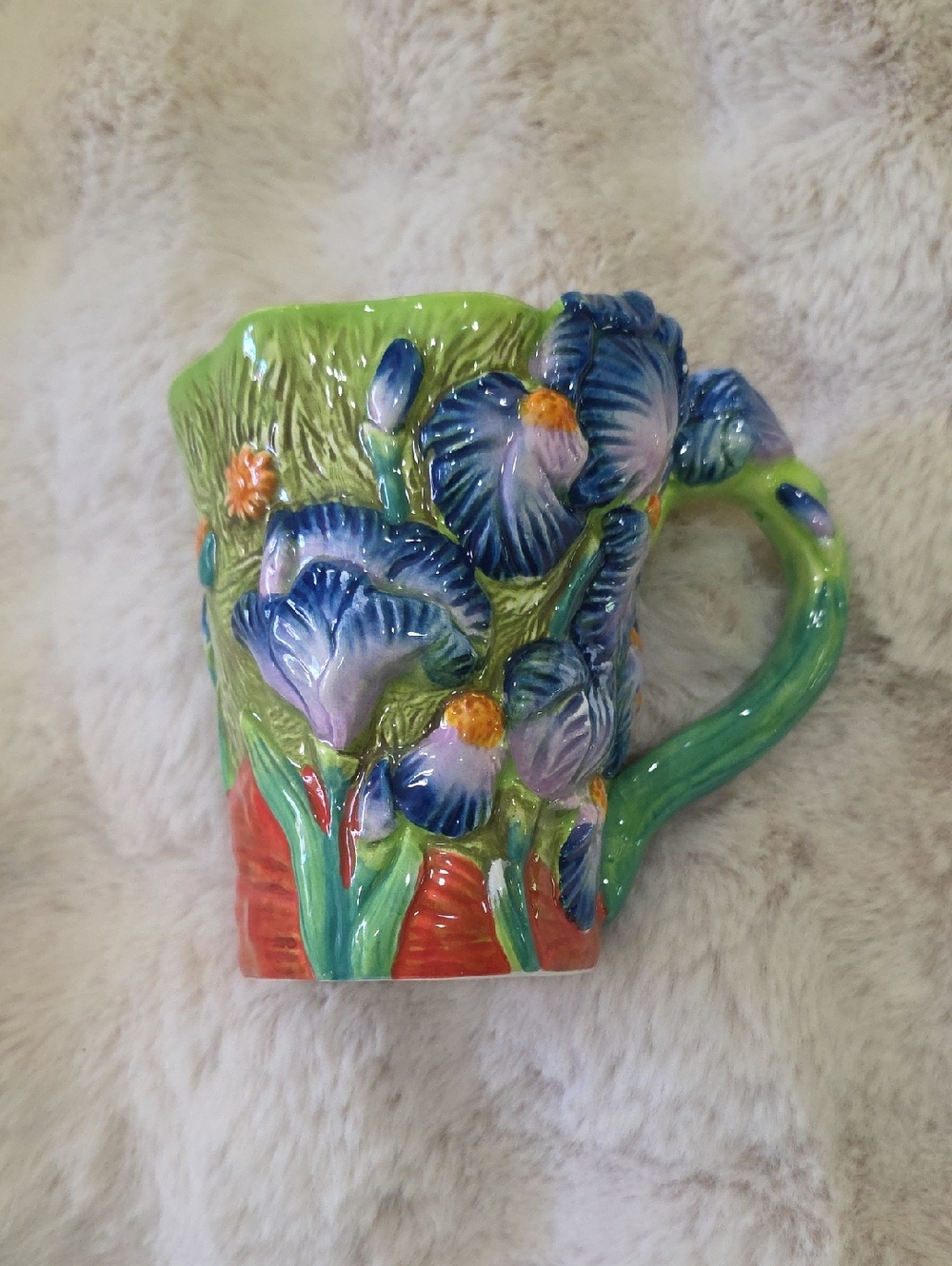 Van Gogh Handcrafted Floral Relief Ceramic Mug - Blue Iris Design